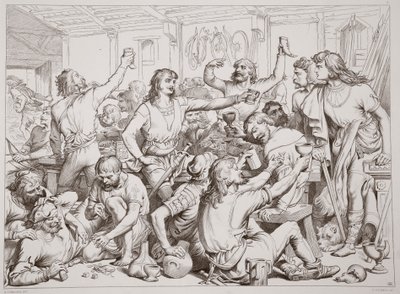 Hereward ziet Martin Lightfoot vertrekken met de brief, illustratie uit Hereward the Great door Charles Kingsley, uitgegeven 1870, gegraveerd door C.G. Lewis door Henry Courtney Selous